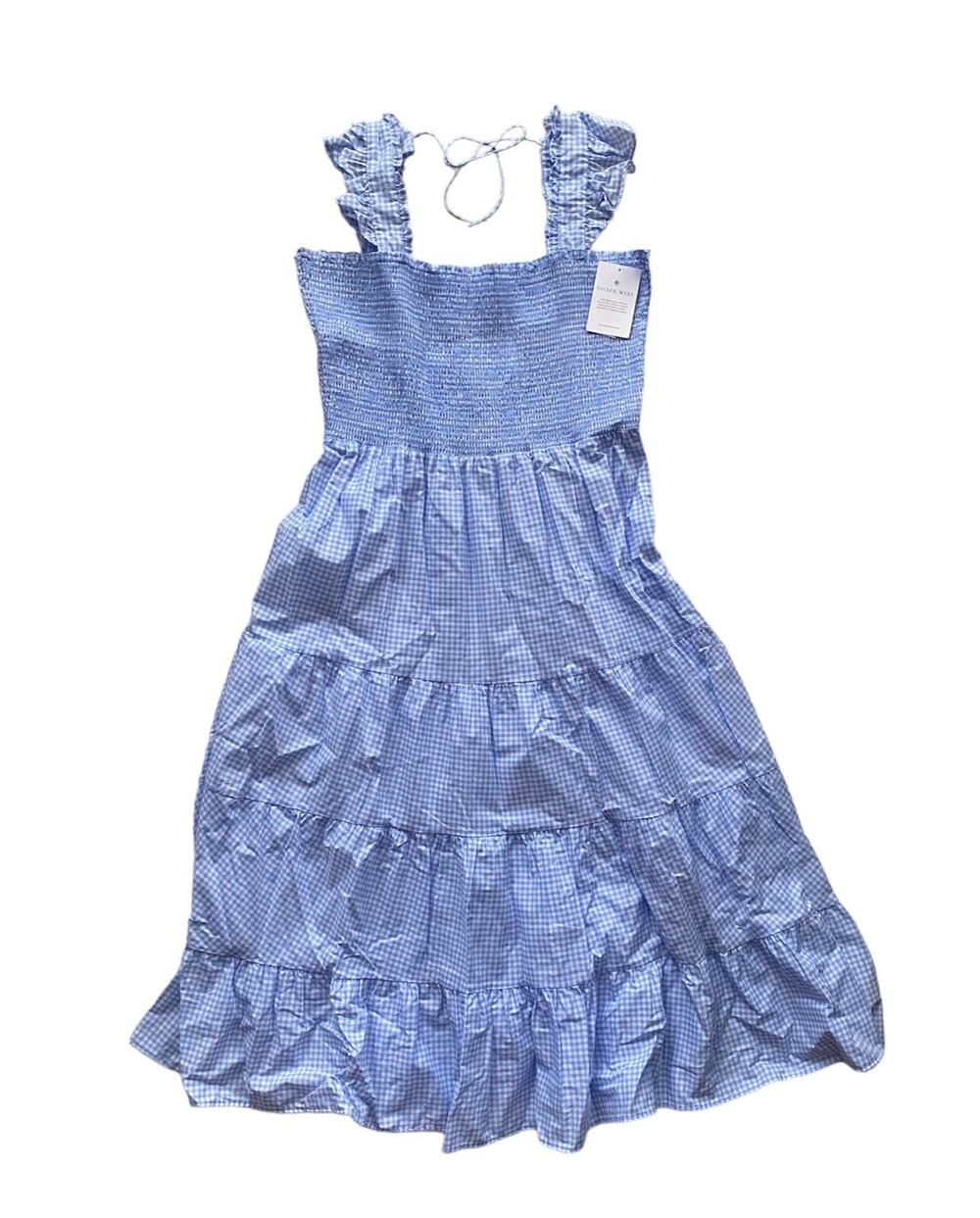 Eileen West Check Gingham Ruffle Shoulder Square Neck Smock Sleep Dress Gown L